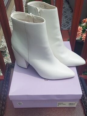 Madden Girl White Pointed Ankle Booties with Angled Block Heel